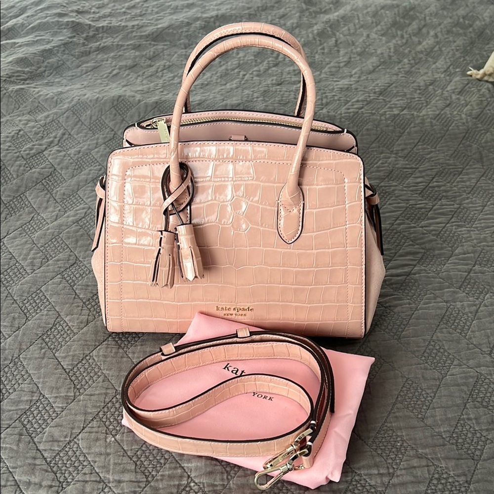 Kate Spade Pink Croc-Embossed Leather and Suede Handbag